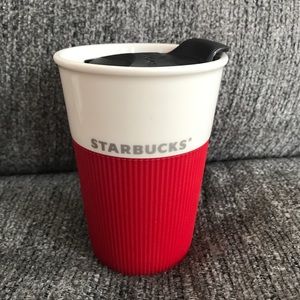 Starbucks 2011 Bone China travel tumbler w lid red rubber sleeve
